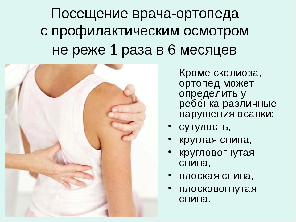 Посещение врача-ортопеда с профилактическим осмотром не реже 1 раза в 6 месяцев 