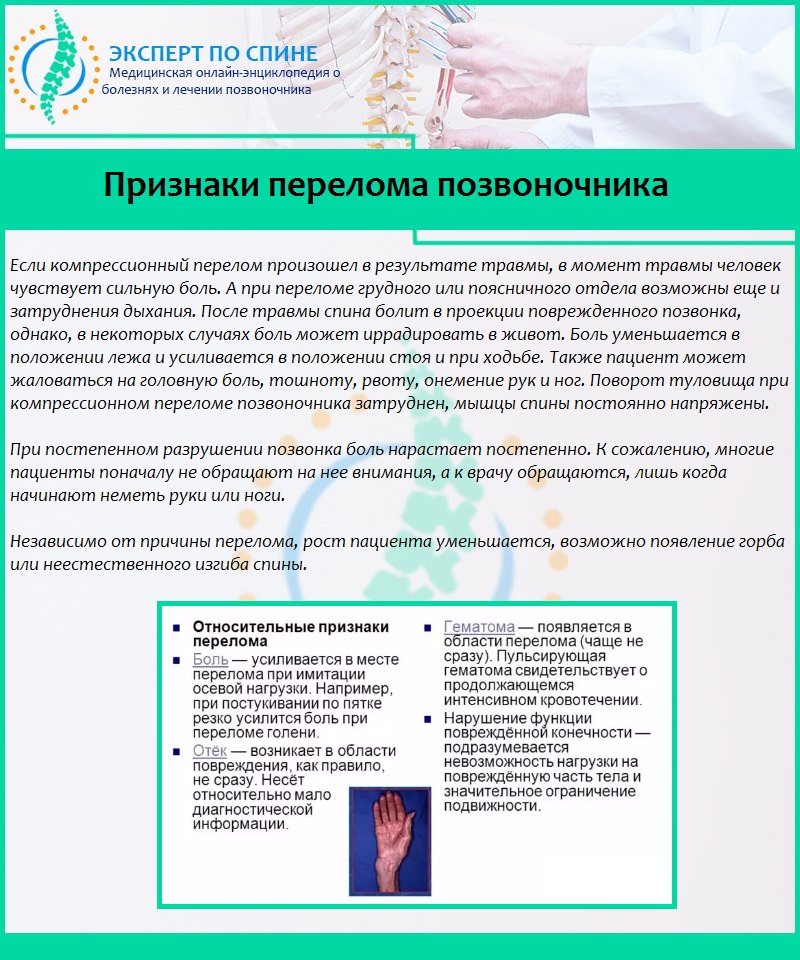 Признаки перелома позвоночника